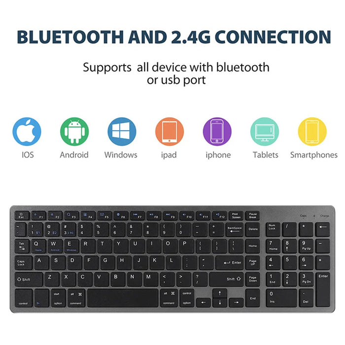 Anymob Bluetooth Keyboard Silver Multi-Purpose Dual Mode Rechargeable Computer Laptop Keys