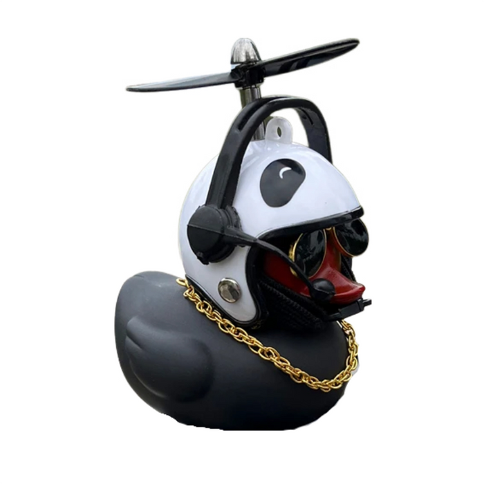 Anypack Car Ornaments Rubber Black Duck for Car Dashboard Decorations Cool Glasses Duck with Panda Propeller Helmet Gold Chain