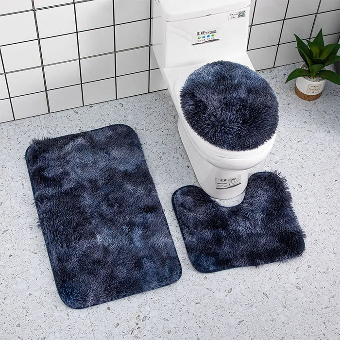 Anyhouz Bath Mat 3pc Navy Blue Bathroom Silk Tie-Dye Toilet Soft Non Slip Rug Shower Carpets Toilet Lid Cover Floor Mats for Hallway