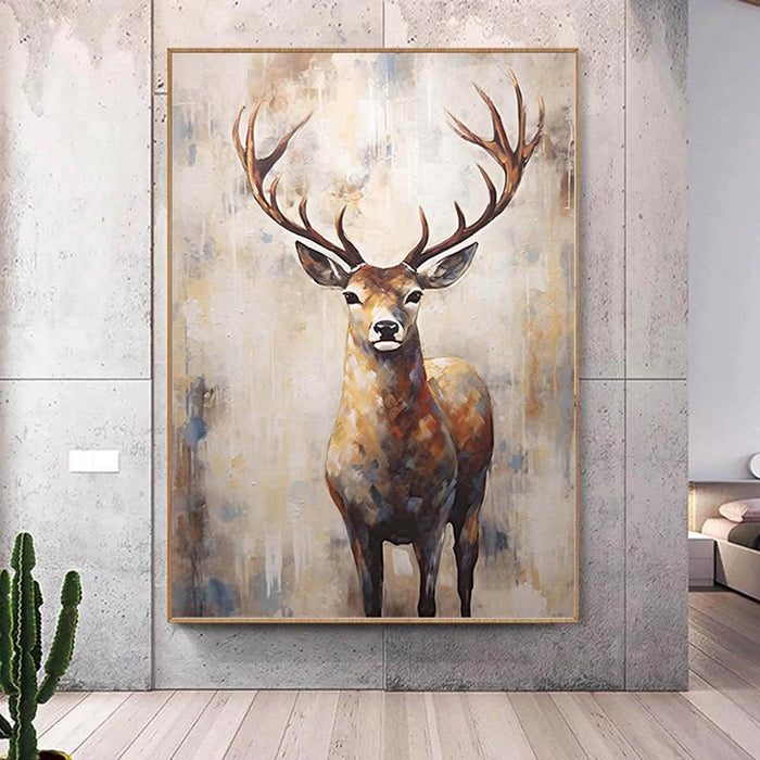 Anyhouz Canvas Art Hand Painted Golden Deer Antlered Majesty Minimalist Artwork For Interior Design