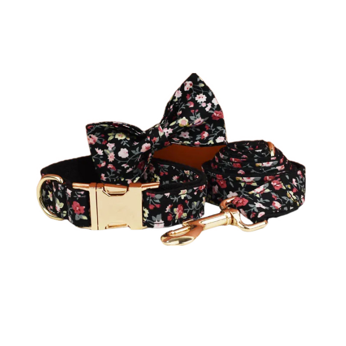 Anywags Pet Bow Collar Leash Set Black Floral Stylish Accessory with Safety Buckle Durable Strap