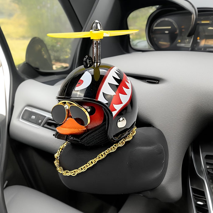 Anypack Car Ornaments Rubber Black Duck  for Car Dashboard Decorations Cool Glasses Duck with Propeller Helmet Gold Chain