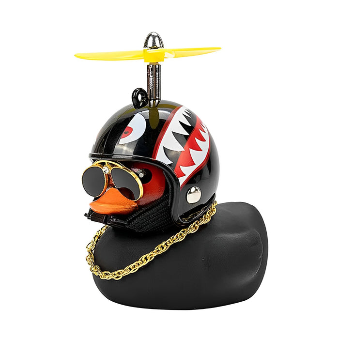 Anypack Car Ornaments Rubber Black Duck  for Car Dashboard Decorations Cool Glasses Duck with Propeller Helmet Gold Chain