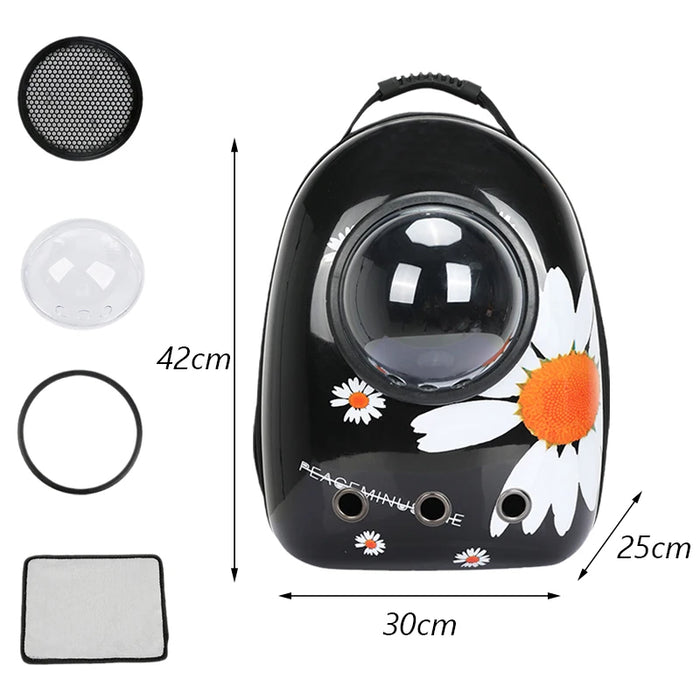 Anywags Pet Carrier Black Daisy Print Breathable Space Capsule Travel On the Go Bag For Pet