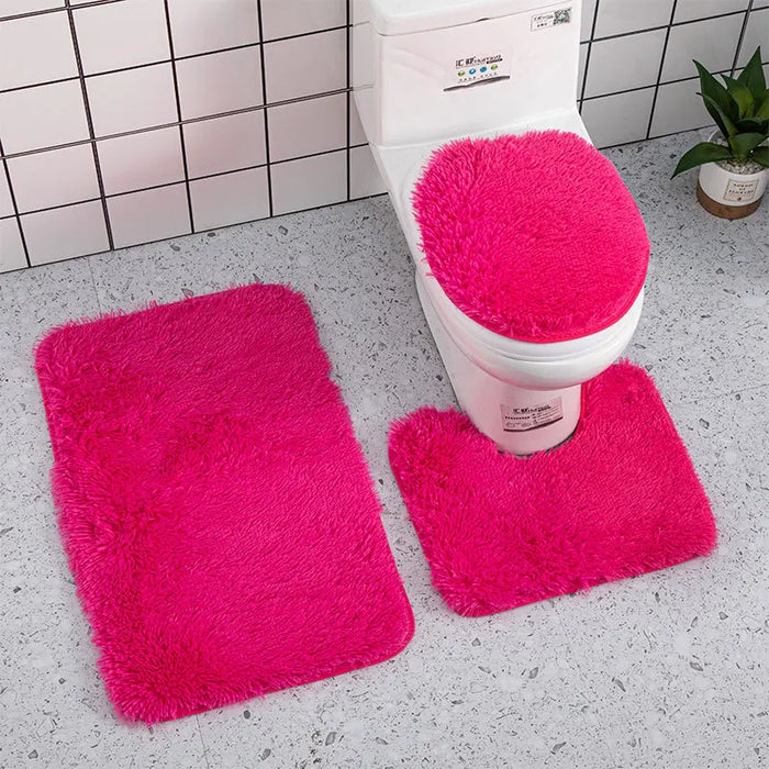 Anyhouz Bath Mat 3pc Rose Red Bathroom Silk Tie-Dye Toilet Soft Non Slip Rug Shower Carpets Toilet Lid Cover Floor Mats for Hallway