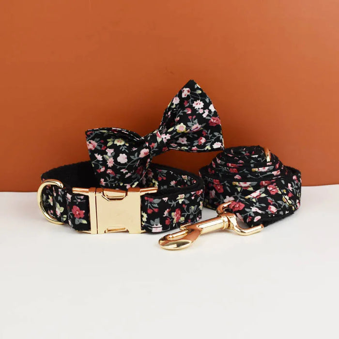 Anywags Pet Bow Collar Leash Set Black Floral Stylish Accessory with Safety Buckle Durable Strap