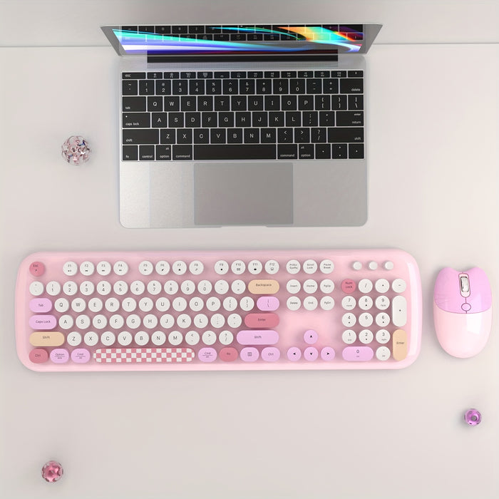 Anymob Bluetooth Keyboard And Mouse Combo Set Pink Retro Design Wireless Soft Touch Keys