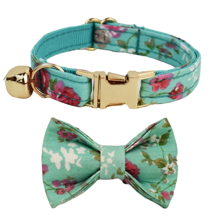 AnyWags Cat Collar Floral Green Bow Small with Safety Buckle, Bell, and Durable Strap Stylish and Comfortable Pet Accessor