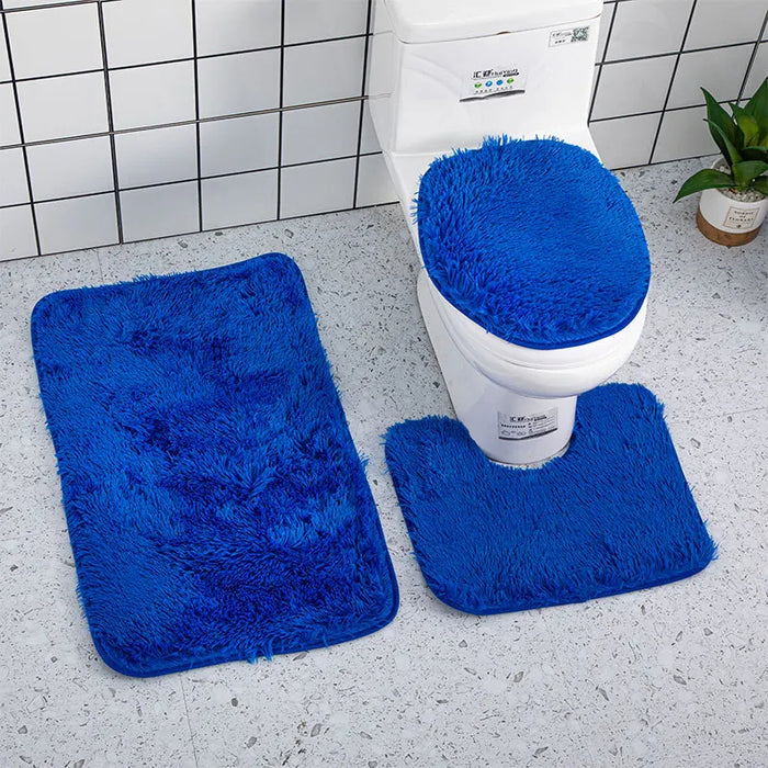 Anyhouz Bath Mat 3pc Royal Blue Bathroom Silk Tie-Dye Toilet Soft Non Slip Rug Shower Carpets Toilet Lid Cover Floor Mats for Hallway