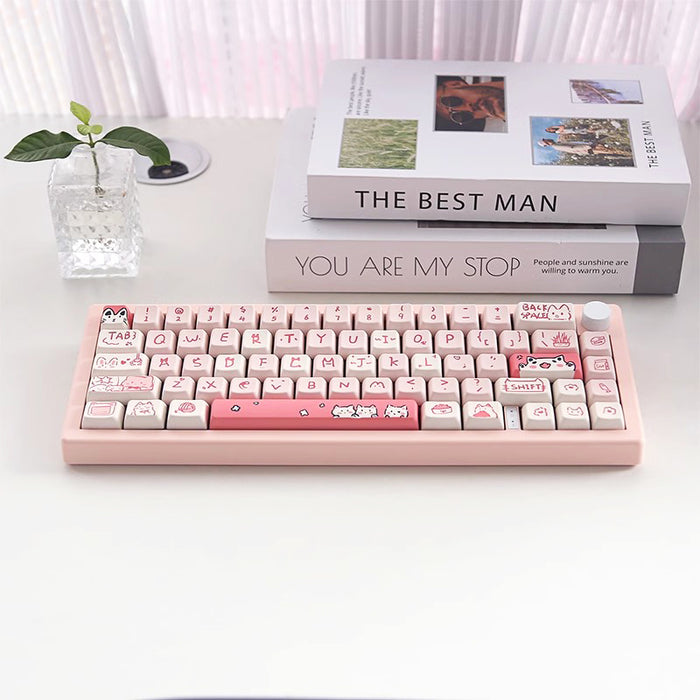 Anymob Keycap Keyboard Pink 66 Keys Cute Cat Theme Mechanical Sublimation Switch Clicks