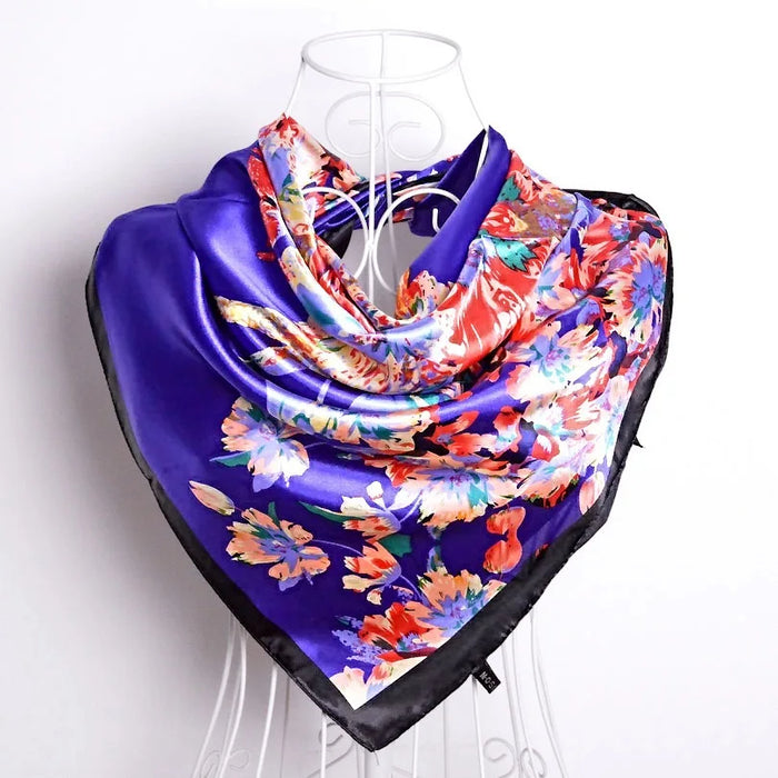 Anyyou Scarf for Women Cute Purple Blue Printed Polyester Silk Big Square Silk 90*90cm Satin For Spring Summer Autumn Winter