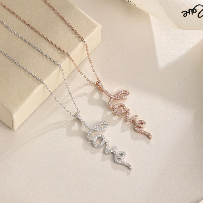 Anyco Necklace 925 Silver for Women Plate Cute LOVE Word Pendant Rose Gold Platting Cubic Zirconia 5A Jewelry