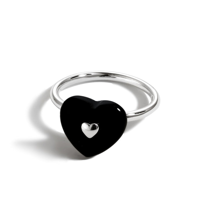 Anyco Ring Simple Metallic Style Rhodium Plated Sterling 925 Silver Black Heart Ring For Women