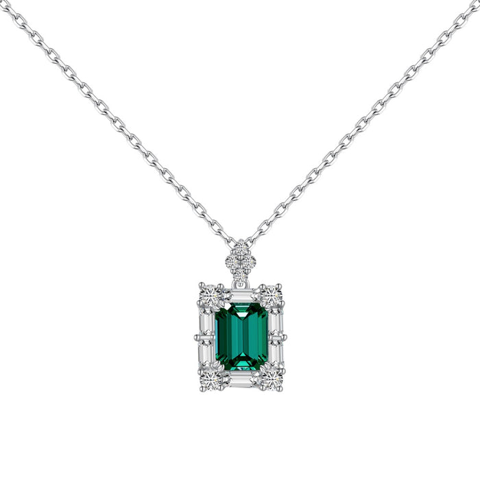 Anyco Necklace 925 Silver for Women Rectangular Emerald Green Stone Cubic Zirconia 5A 3ct Jewelry Square Pendants