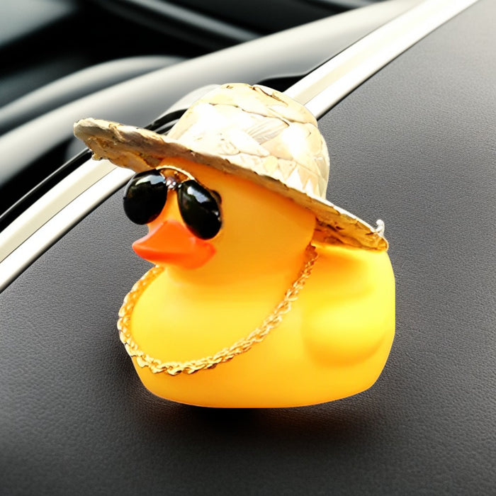 Anypack Car Ornaments Rubber Yellow Duck for Car Dashboard Decorations Cool Glasses Duck with Straw Hat Gold Chain