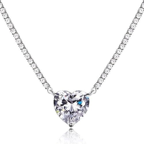 Anyco Necklace 925 Silver for Women Diamond Chain Link Clear Heart Shape Pendant Rhodium Platting Cubic Zirconia 5A 8ct Jewelry