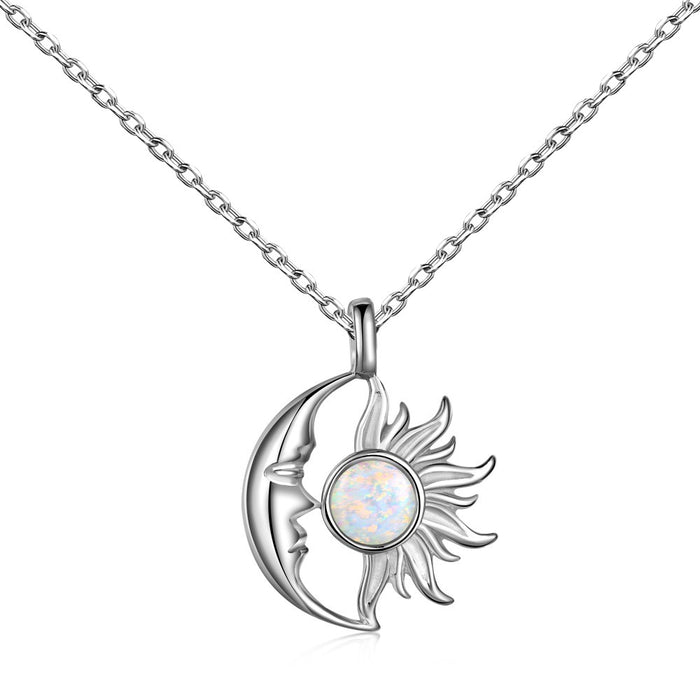 Anyco Necklace 925 Silver for Women Half Moon and Sun White Pendant Rhodium Platting Jewelry