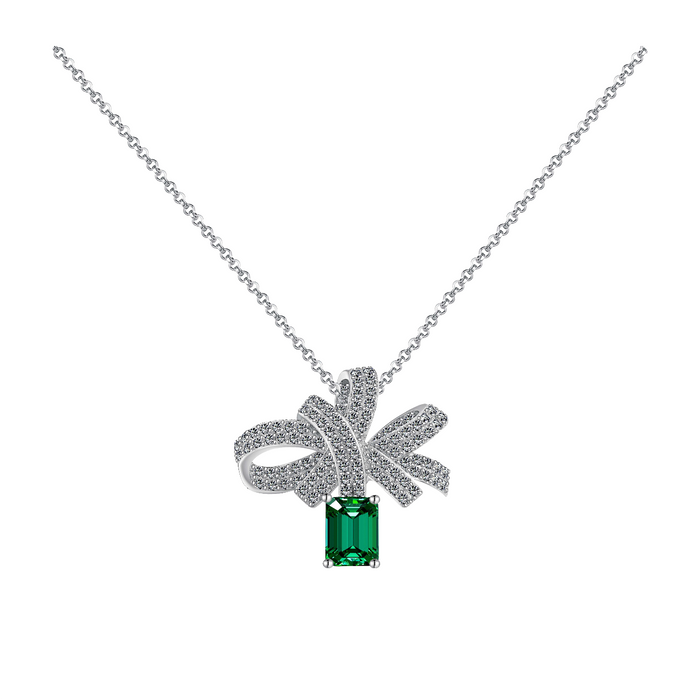 Anyco Necklace 925 Silver for Women Good Quality Emerald Diamond Bow Rhodium Platting Cubic Zirconia 8A Jewelry