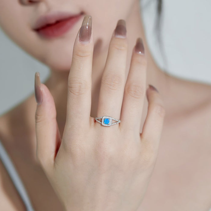 Anyco Ring 925 Sterling Silver CZ 5A Stone Square Blue Opal Gem Delicate Minimal Simple Trendy Geometric Jewelry