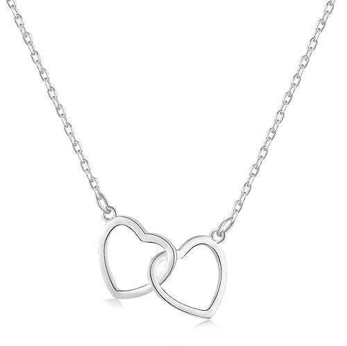 Anyco Necklace 925 Silver for Women Double Heart Pendant Rhodium Platting Jewelry