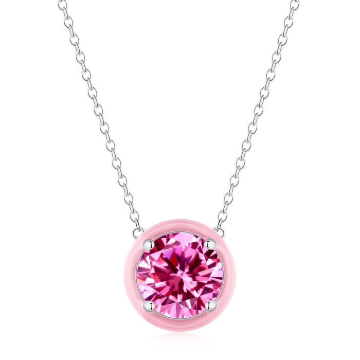 Anyco Necklace 925 Silver for Women Pink Diamond Circular Pendant Rhodium Platting Jewelry