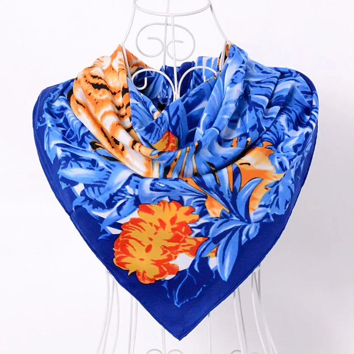 Anyyou Scarf for Women Blue Floral Print Silk Shawl Wraps 90*90cm Female Autumn Winter Large Square Scarves Turkey Headscarf