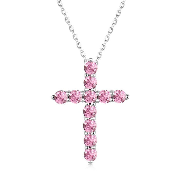 Anyco Necklace 925 Silver for Women Pink Cross Link Pendants Cubic Zirconia Diamond Rhodium Platting Jewelry