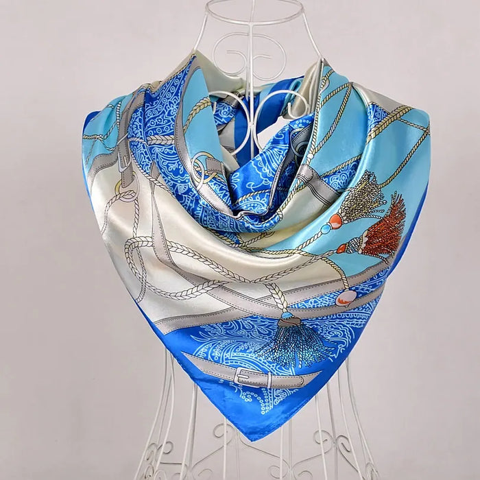 Anyyou Scarf for Women Sky Blue Printed Polyester Silk Big Square Silk 90*90cm Satin For Spring Summer Autumn Winter