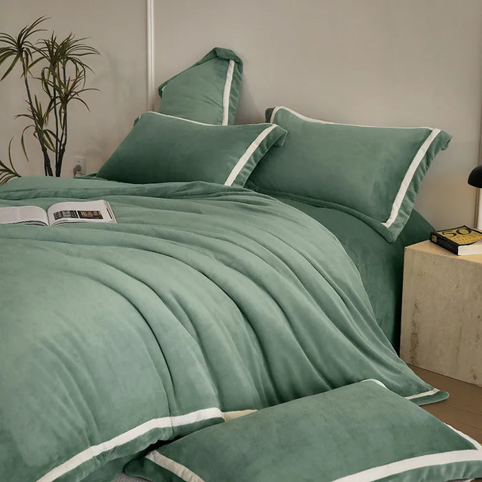 Anyhouz Duvet Cover Set Plain Green Flat Bed Sheet Cozy Fluffy Luxury Velvet Bedding Collection