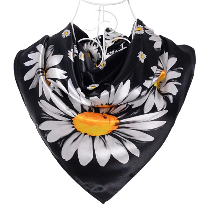 Anyyou Scarf for Women Daisy Black Floral Printed Square Silk Shawl For Summer Spring And Fall