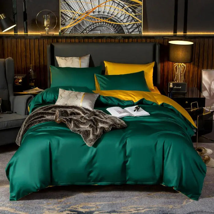 Anyhouz Duvet Comforter Set Full Deep Green/ Yellow Egyptian Cotton Thick Blanket Bedspread 4 Pcs Bed Set