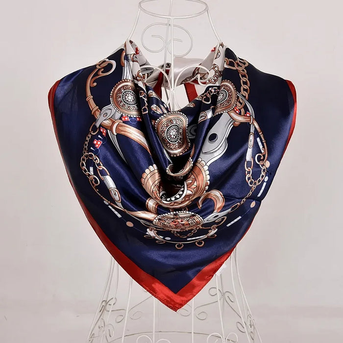Anyyou Scarf for Women Red and Dark Blue Printed Polyester Silk Big Square Silk Scarf 90*90cm Satin For Spring Summer Autumn Winter