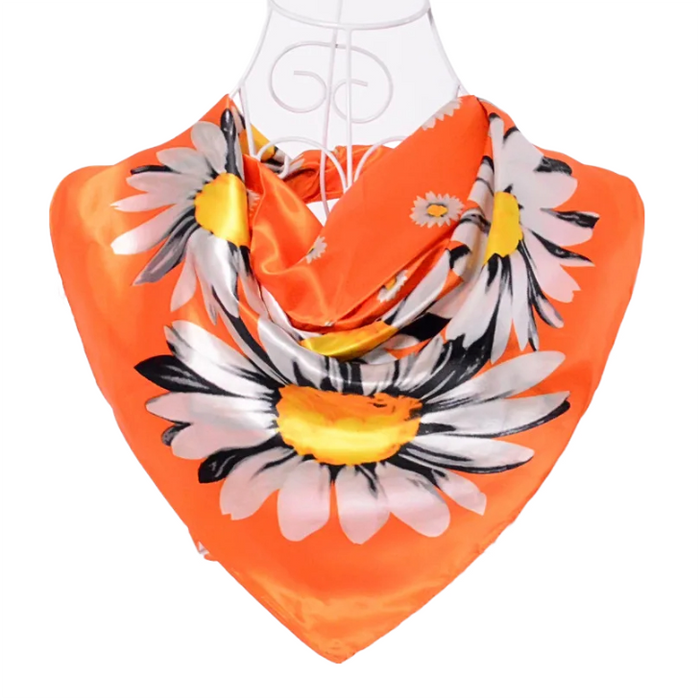 Anyyou Scarf for Women Daisy Orange Floral Printed Square Silk Shawl For Summer Spring And Fall