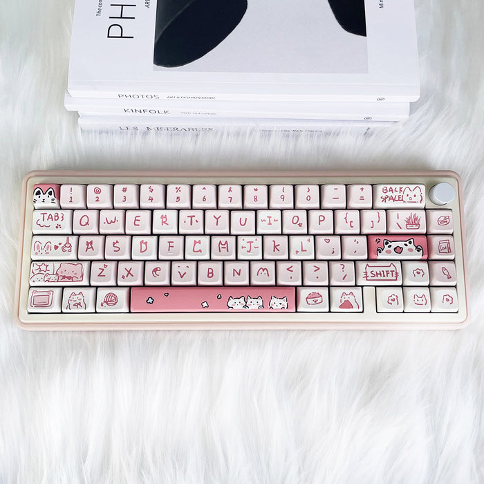 Anymob Keycap Keyboard Pink 66 Keys Cute Cat Theme Mechanical Sublimation Switch Clicks