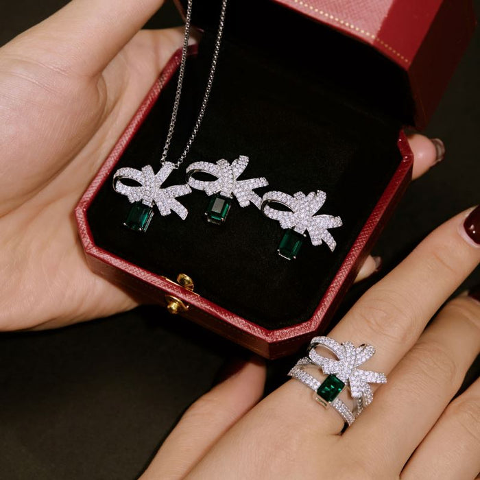 Anyco Ring Emerald Diamond Ring S925 Silver Earrings Bow Necklaces Green CZ 5A Rings