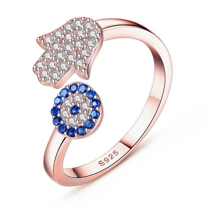 Anyco Ring Dainty Blue Eye Rose Gold CZ5A Micro Pave Hamsa Hand Adjustable Rings For Women