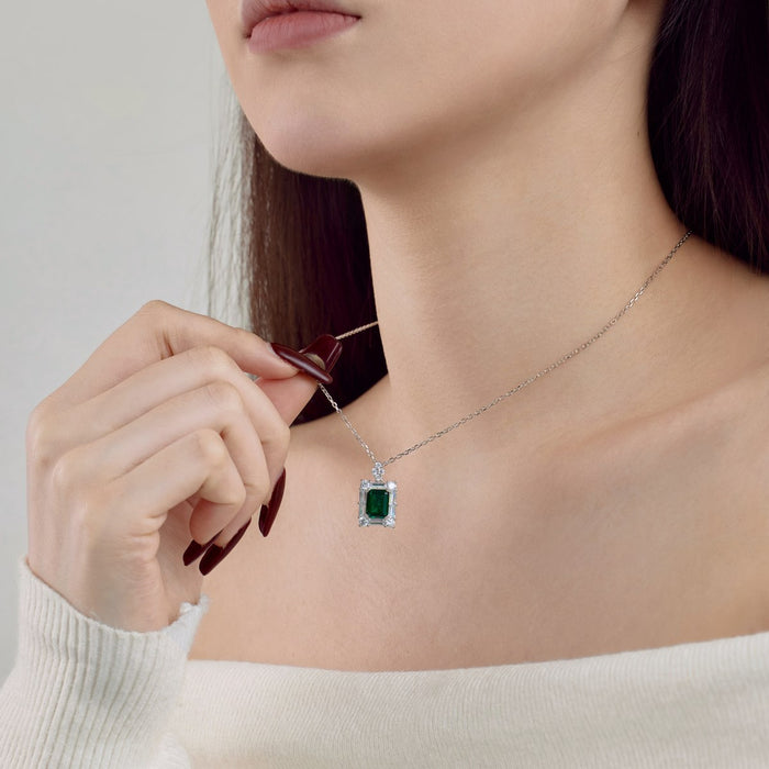 Anyco Necklace 925 Silver for Women Rectangular Emerald Green Stone Cubic Zirconia 5A 3ct Jewelry Square Pendants