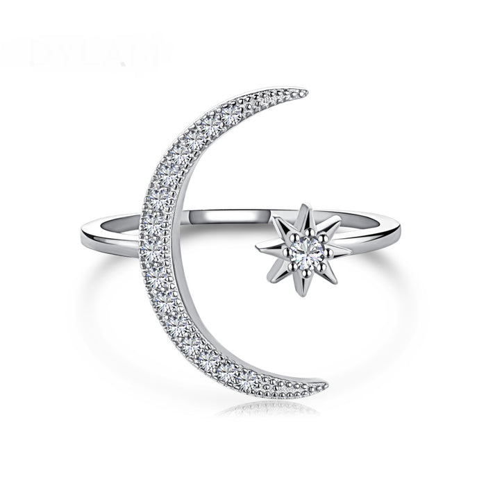 Anyco Ring 925 Sterling Silver Jewelry Rhodium Plated CZ 5A Moon Star Rings Open Adjustable Fine Rings