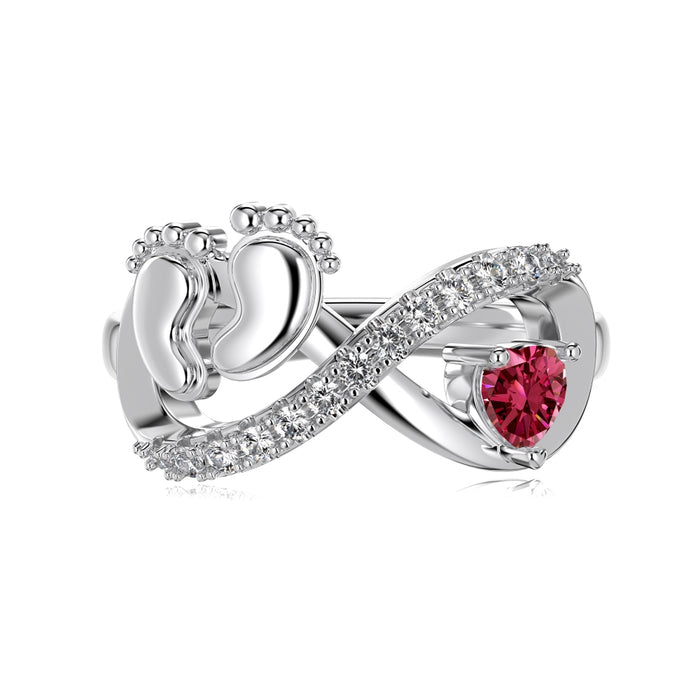 Anyco Ring Silver Baby Footprint Love Fun Ring Red Heart Stone 925 Silver Rings For Women Size 8