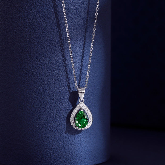 Anyco Necklace 925 Silver for Woman Luxury Pear-shaped Green Diamond Pendant Rhodium Platting Cubic Zirconia 5A Jewelry