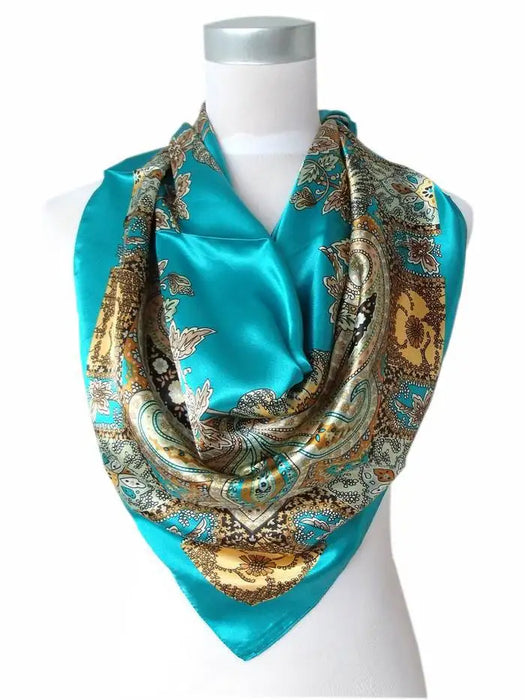 Anyyou Scarf for Women Ocean Blue Printed Polyester Silk Big Square Silk 90*90cm Satin For Spring Summer Autumn Winter