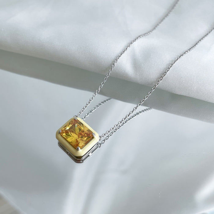 Anyco Necklace 925 Silver for Women Yellow Diamond Squared Pendant Rhodium Platting Jewelry