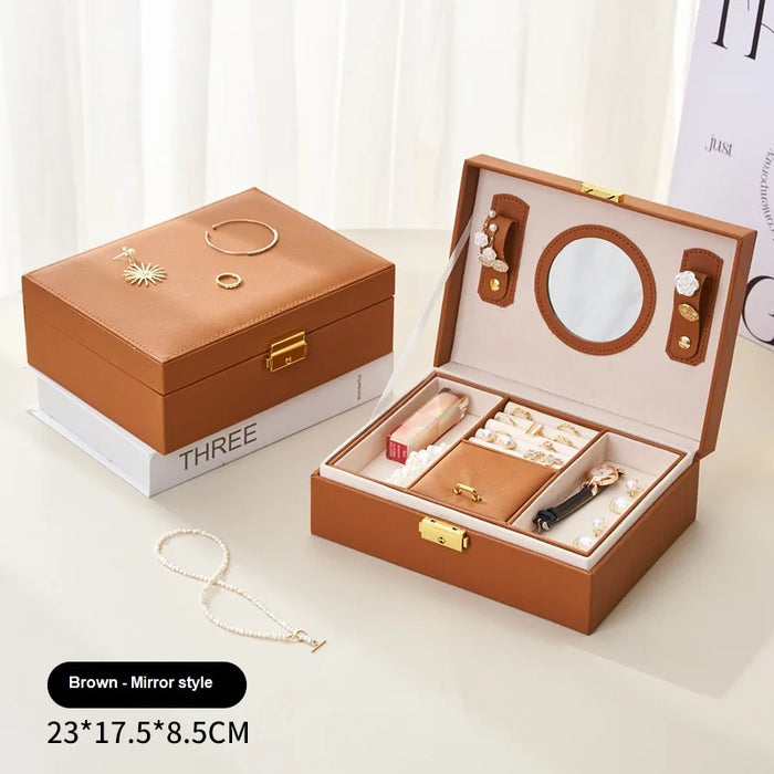 Anyhouz Jewelry Box Brown Large Capacity With Lock Soft Lining Leather Organizer