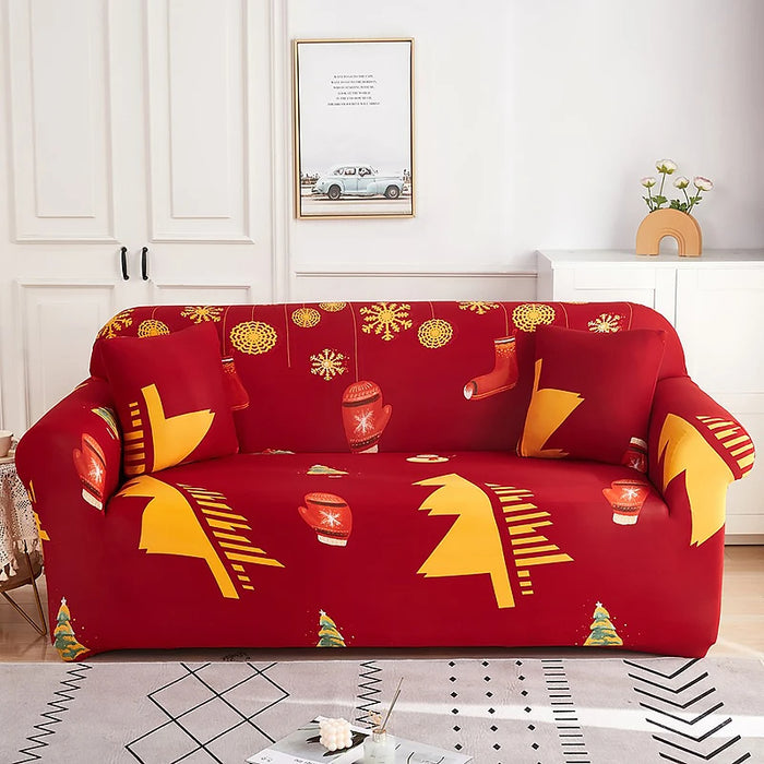 Anyhouz Sofa Cover Red Plaid Christmas Tree Bells Design Non Slip Stretchable Slipcover