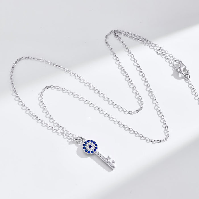 Anyco Necklace 925 Silver for Women Dark Blue Key Shape Pendant Rhodium Platting CZ 5A Jewelry