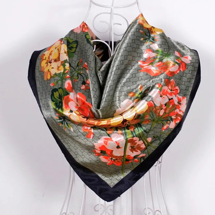 Anyyou Scarf for Women Floral Green Print Black Square Silk Shawl For Summer Spring And Fall