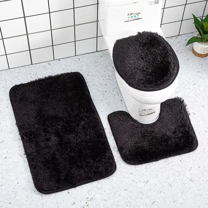 Anyhouz Bath Mat 3pc Black Bathroom Silk Tie-Dye Toilet Soft Non Slip Rug Shower Carpets Toilet Lid Cover Floor Mats for Hallway