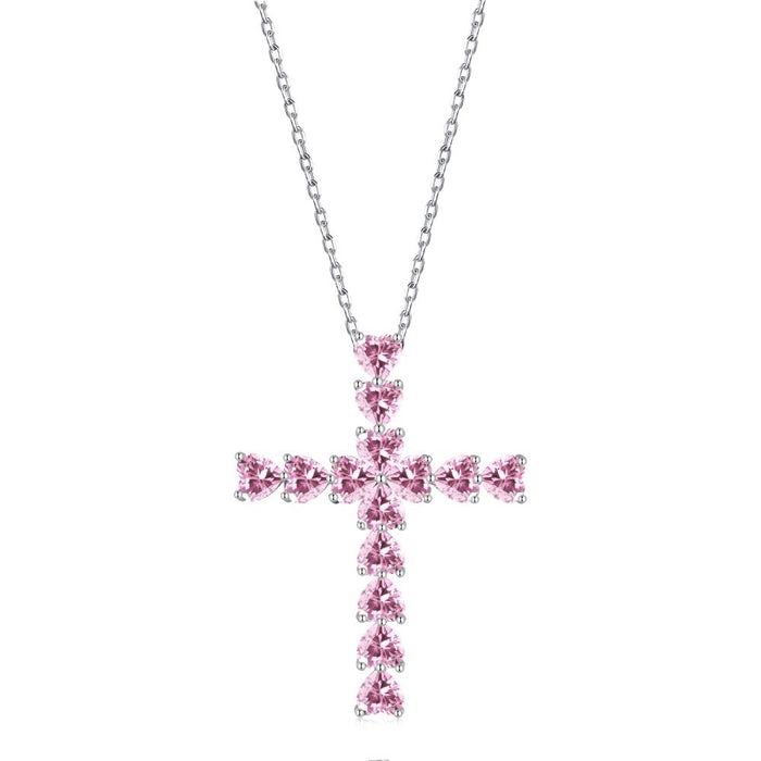 Anyco Necklace 925 Silver for Women Pink Heart Diamond Cross Necklace Rhodium Platting Jewelry