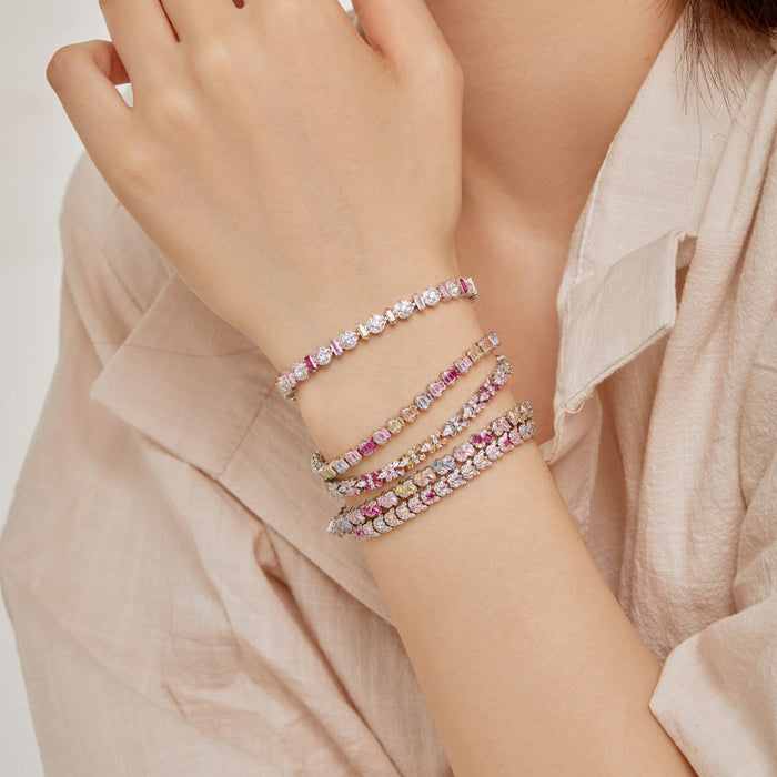 Anyco Bracelet New Pink Stone Tennis Bracelet Chain Cz Eternity Band Rainbow Cubic Zirconia 925 Silver Bracelets Women