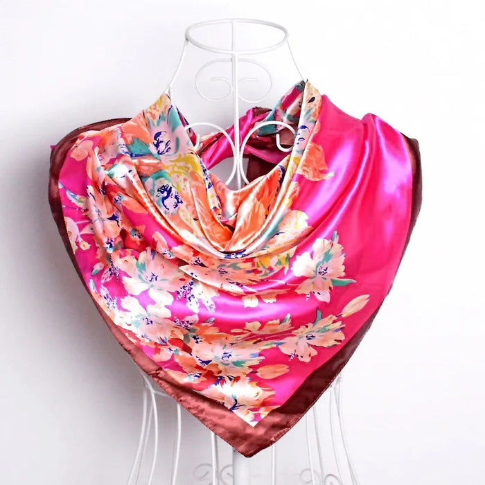 Anyyou Scarf for Women Dark Pink Printed Polyester Silk Big Square Silk 90*90cm Satin For Spring Summer Autumn Winter